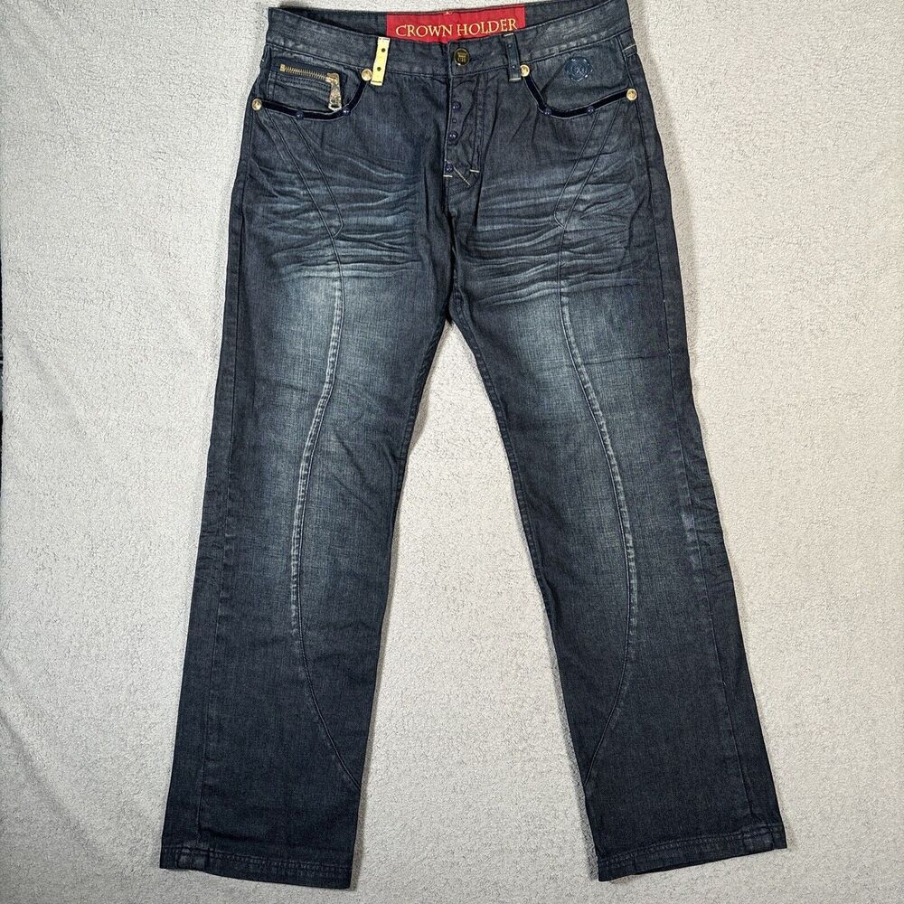 Crown‎ Holder Mens Dark Wash Embroidered Denim Jeans Streetwear Baggy 36x33